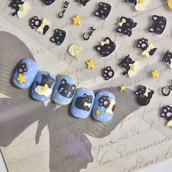 Cartoon Black Kitten Cute Cat Star Moon Bowknot Cat's Paw Flaky Cloud Self Adhesive Nail Art Decoration Stickers Manicure Decals (ONLINE ORDER ONLY)