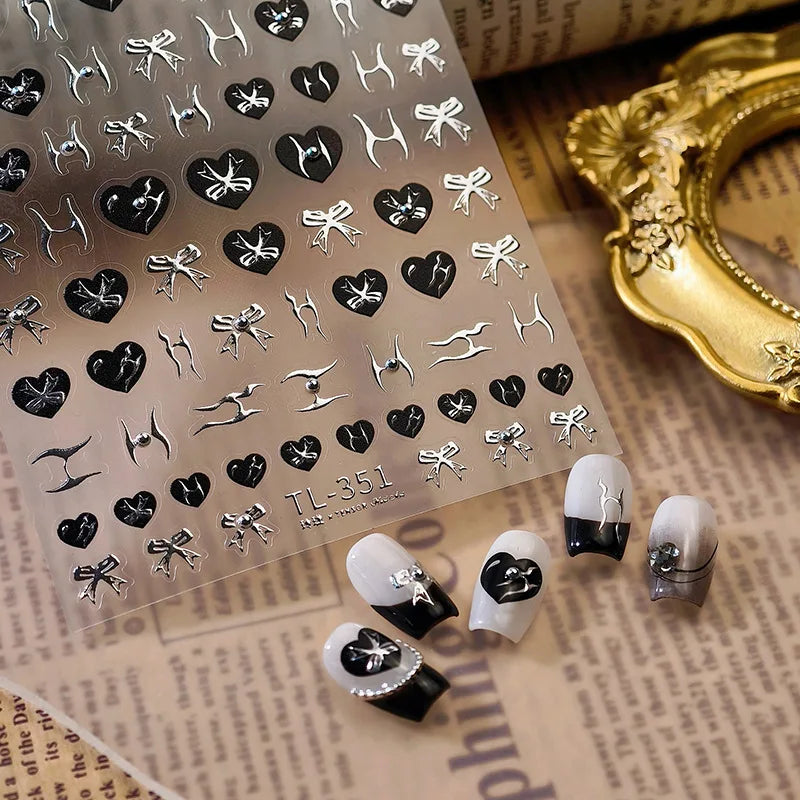 Black Silver Bowknot Love Heart Lace Irregular Line Lava Chic Self Adhesive Nail Art Stickers Embossed Reliefs Manicure Decals (Online Order Only)