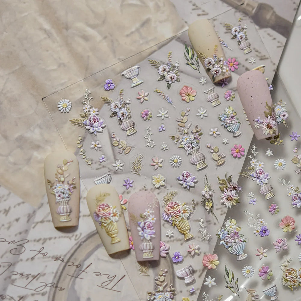 European Garden Angel Wing White Rose Flower Bed Vase Lace Bowknot Statue Adhesive Nail Art Decoration Sticker Manicure Decals (ONLINE ORDER ONLY)