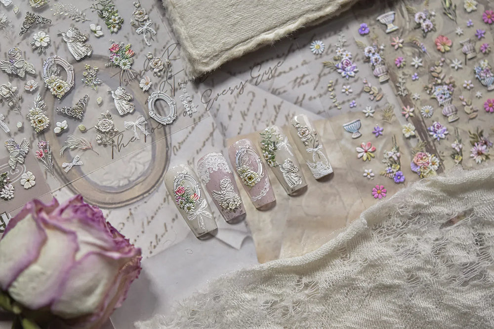 European Garden Angel Wing White Rose Flower Bed Vase Lace Bowknot Statue Adhesive Nail Art Decoration Sticker Manicure Decals (ONLINE ORDER ONLY)