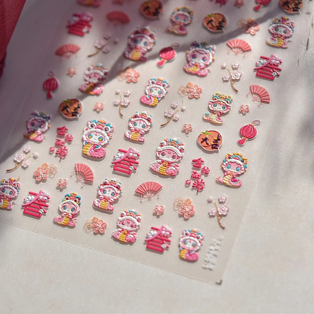 Auspicious Peach Blossom Snake Fan Flower The Spring Festival Tiger Head Adhesive Nail Art Stickers Red Lantern Manicure Decals (Online Order Only)