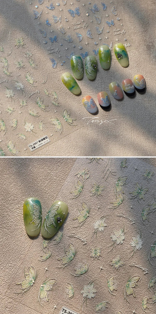 Green Blue Glass Butterfly Lily Flowers Star Line Water Droplet Charming Shiny Self Adhesive Nail Art Stickers Manicure Decals (ONLINE ORDER ONLY)
