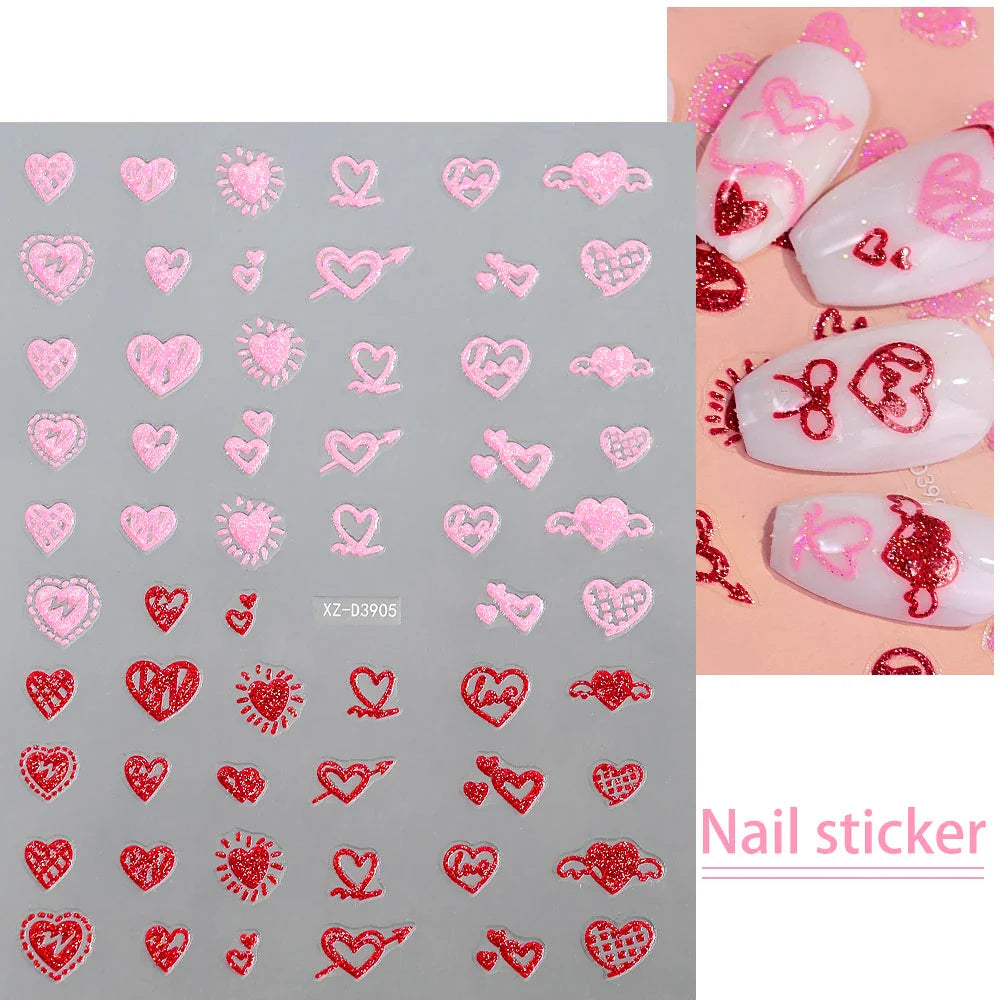1Pc Red Pink White Heart Bow Nail Art Stickers with Glitter Sequins 5D Self Adhesive Nail Decorations Slider Decals DIY Manicure (ONLINE ORDER ONLY)