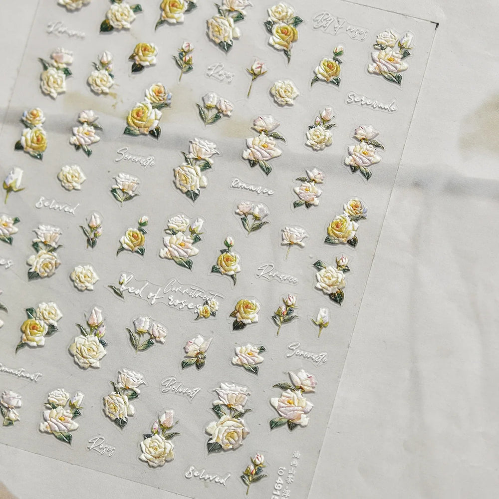 Oil Painting Style Rose Camellia Flower Vase Romantic Candle Holder Bowknot Embossed Adhesive Nail Art Stickers Manicure Decals (ONLINE ORDER ONLY)