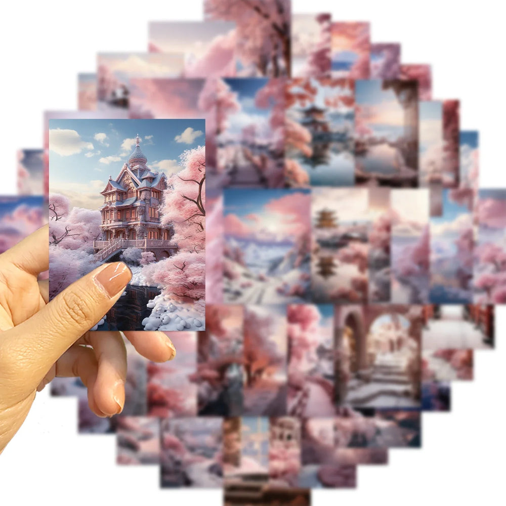 50PCS INS Landscape Pink Painting Stickers Vsco Vinyl Aesthetic Stickers for Water Bottles Waterproof Sticker for Kids Girl (Online Order Only)