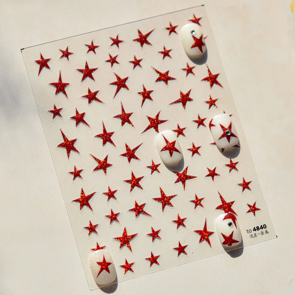 Irregular Stars Red Silver Five-pointed Star Meteor Shiny 5D Self Adhesive Nail Art Stickers Romantic Rhinestone Manicure Decals (ONLINE ORDER ONLY)