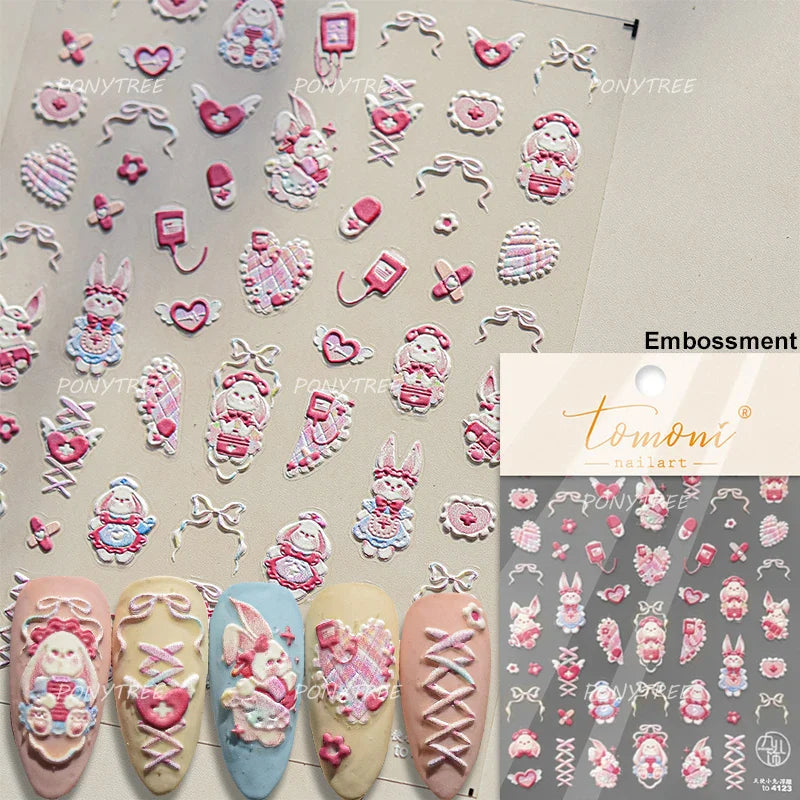 Cute Pet Creamy Rabbit Bear Dog Ribbon Bowknot Lamb Red Painted Heartbeat Flowers Adhesive Nail Art Stickers 3D Manicure Decals (Online Order Only)