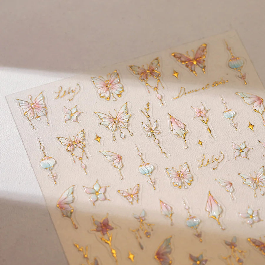 Butterfly Peach Blossom Flowers Lantern Star Tassel Pendant Gold Hot Stamping Self Adhesive Nail Art Stickers Manicure Decals (ONLINE ORDER ONLY)