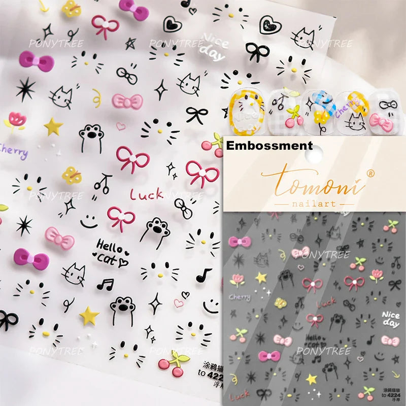 Small Animals Meeting Dog Cat Kitten Bowknot Cherry Butterfly Wreath Paw Star Hat Self Adhesive Nail Art Stickers Manicure Decal (ONLINE ORDER ONLY)