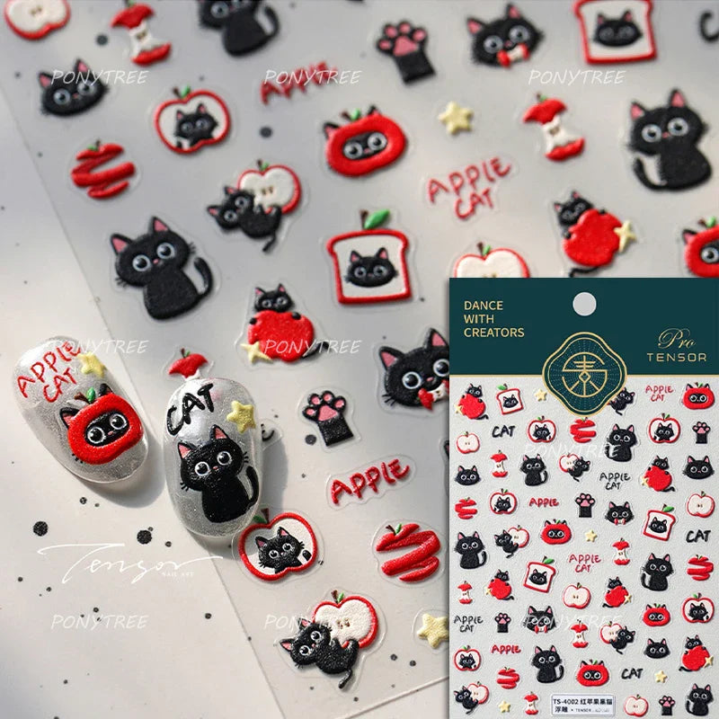 Cute Lovely Red Apple Core Black Kitten Cat's Paw Bread Slices Fruit Star Soft Relief Adhesive Nail Art Sticker Manicure Decals (ONLINE ORDER ONLY)