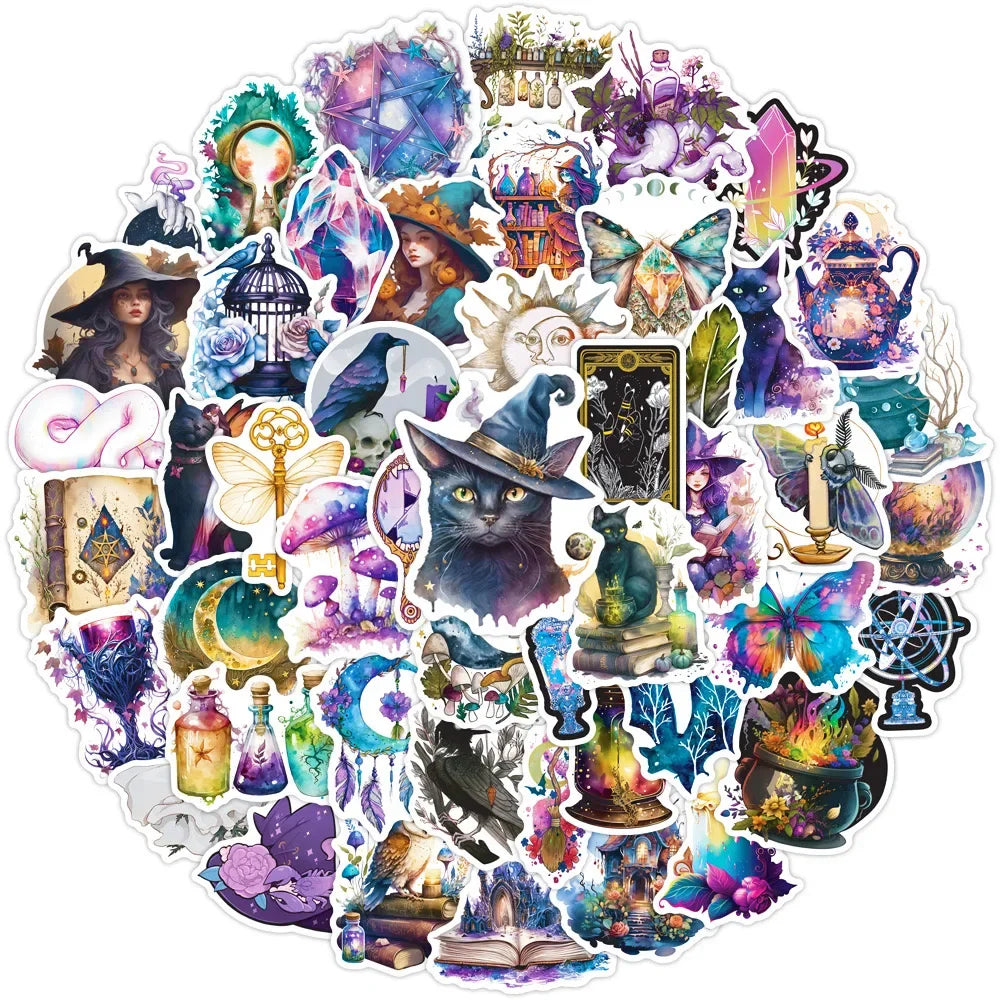 10/50pcs Gothic Magic Moon Cat Witch Stickers Astrology Tarot Decals DIY Laptop Scrapbook Fridge Phone Graffiti Toy Sticker (ONLINE ORDER ONLY)