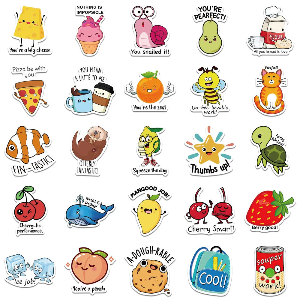 10/30/50PCS Educational Stickers for Kids Cartoon Animal Food Graffiti Sticker DIY Luggage Laptop Phone Bike Skateboard Kids Toy (Online Order Only)
