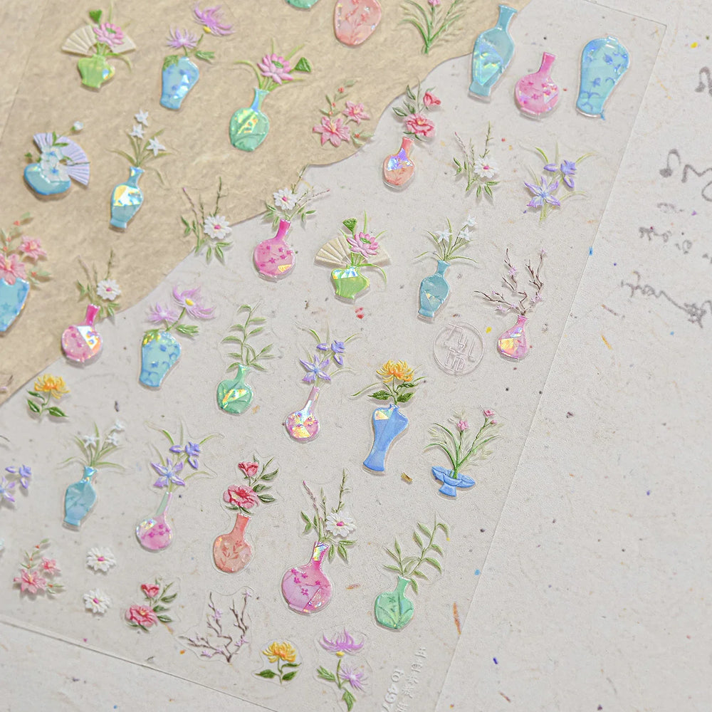 Orchid Daisy Chrysanthemum Peach Blossom Lotus Flower Vase Floral Art Fan Wintersweet Adhesive Nail Art Stickers Manicure Decals (Online Order Only)