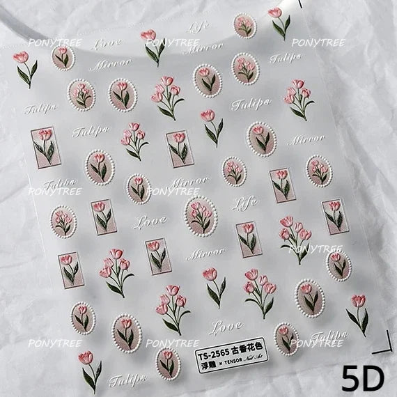 Tulips Flower Letter Bowknot Butterfly Irregular Lines Pearl Tender 5D Adhesive Nail Art Stickers Manicure Decals Stick on Nail (ONLINE ORDER ONLY)