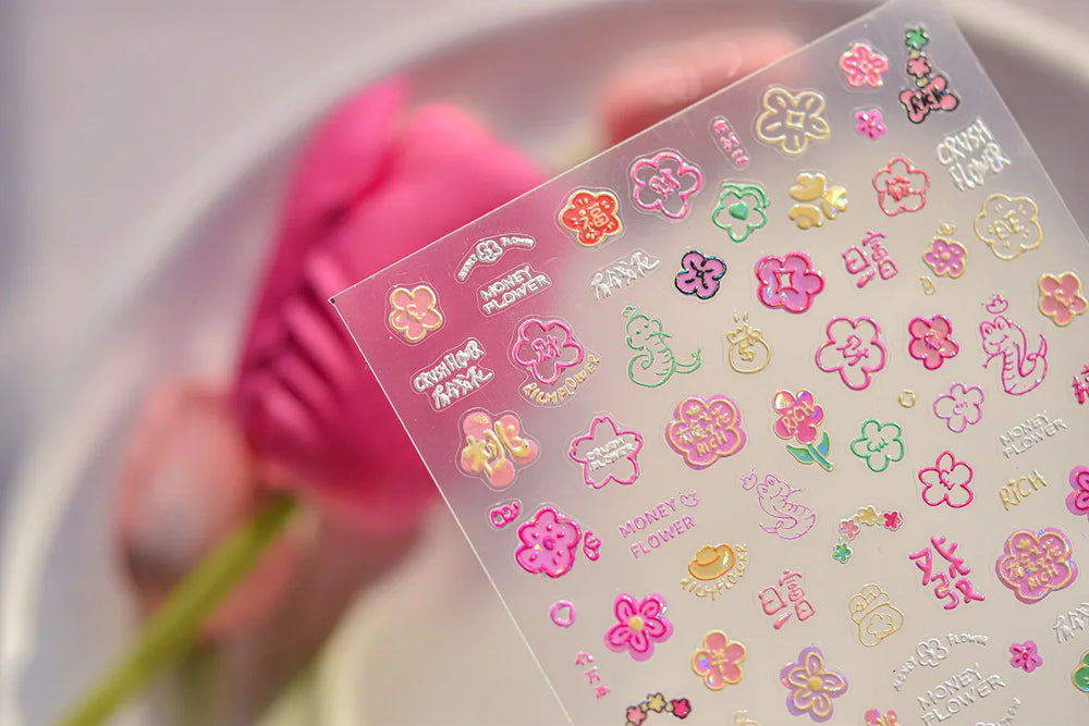 Wealthy Rich Snake Flower Coin Yuanbao Good Luck Blessing Fu Character Self Adhesive Nail Art Stickers Rhinestone Manicure Decal (ONLINE ORDER ONLY)