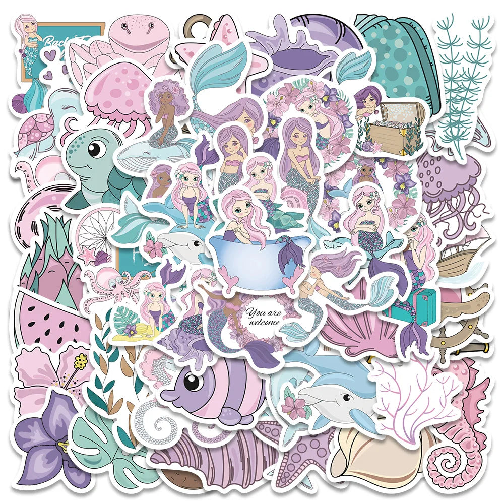 56PCS Pink Kawaii Mermaid Stickers for Skateboard, Notebook, Fridge, Phone, Guitar, Luggage, Kids Toy (Online Order Only)