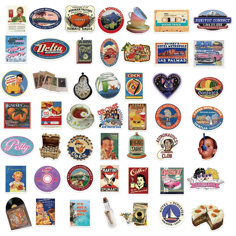50pcs Cool Vintage Stickers Retro Decal For Skateboard Laptop Phone Bike Car Funny Waterproof Sticker Kids Classic Toys (Online Order Only)