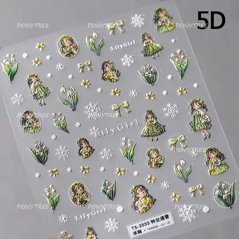 Spring Pink Lily of The Valley Flowers Blooming Blue Bowknot Heart 5D Soft Relief Self Adhesive Nail Art Sticker Manicure Decals (Online Order Only)