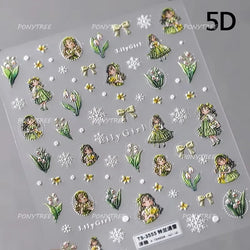 Spring Pink Lily of The Valley Flowers Blooming Blue Bowknot Heart 5D Soft Relief Self Adhesive Nail Art Sticker Manicure Decals (Online Order Only)