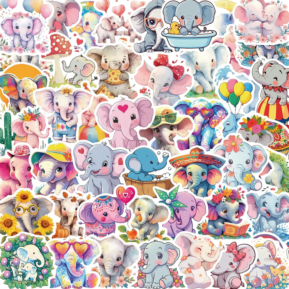50pcs Elephant Stickers Pack Cute Animal Stickers Kawaii Stickers for Water Bottles Laptop Luggage Cartoon Waterproof Sticker (Online Order Only)
