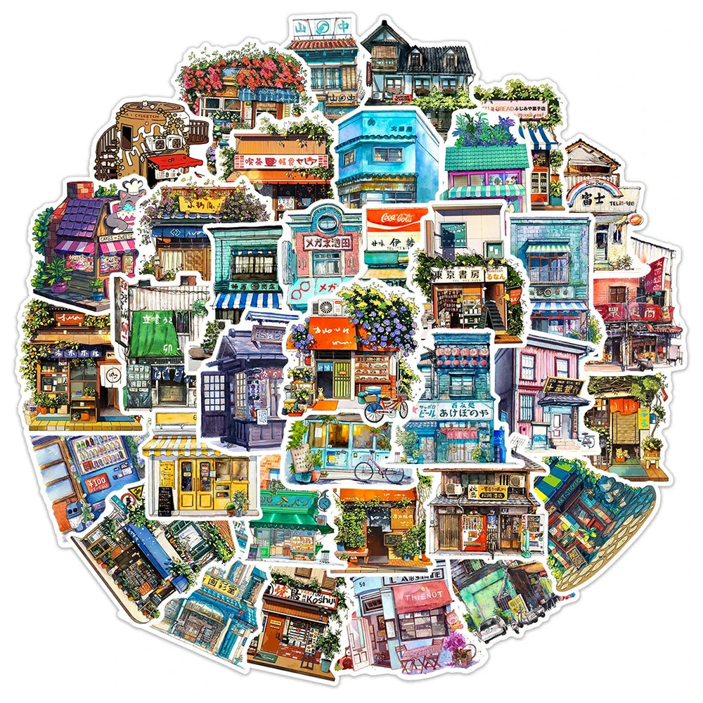 10/30/50PCS Japanese Store Stickers Aesthetic Flower House Cartoon Decals DIY Scrapbooking Stationery Phone Guitar Toys Sticker (Online Order Only)