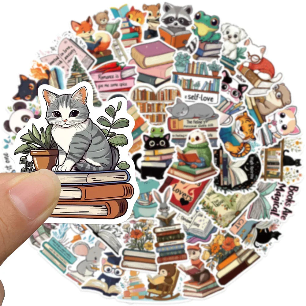 50pcs Retro Aesthetic Cartoon Animals Reading Book Stickers For Luggage Laptop Water Bottle Guitar Waterproof Graffiti Decals (Online Order Only)