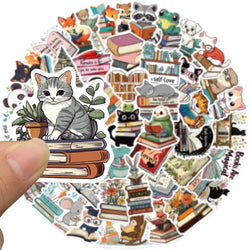 50pcs Retro Aesthetic Cartoon Animals Reading Book Stickers For Luggage Laptop Water Bottle Guitar Waterproof Graffiti Decals (Online Order Only)