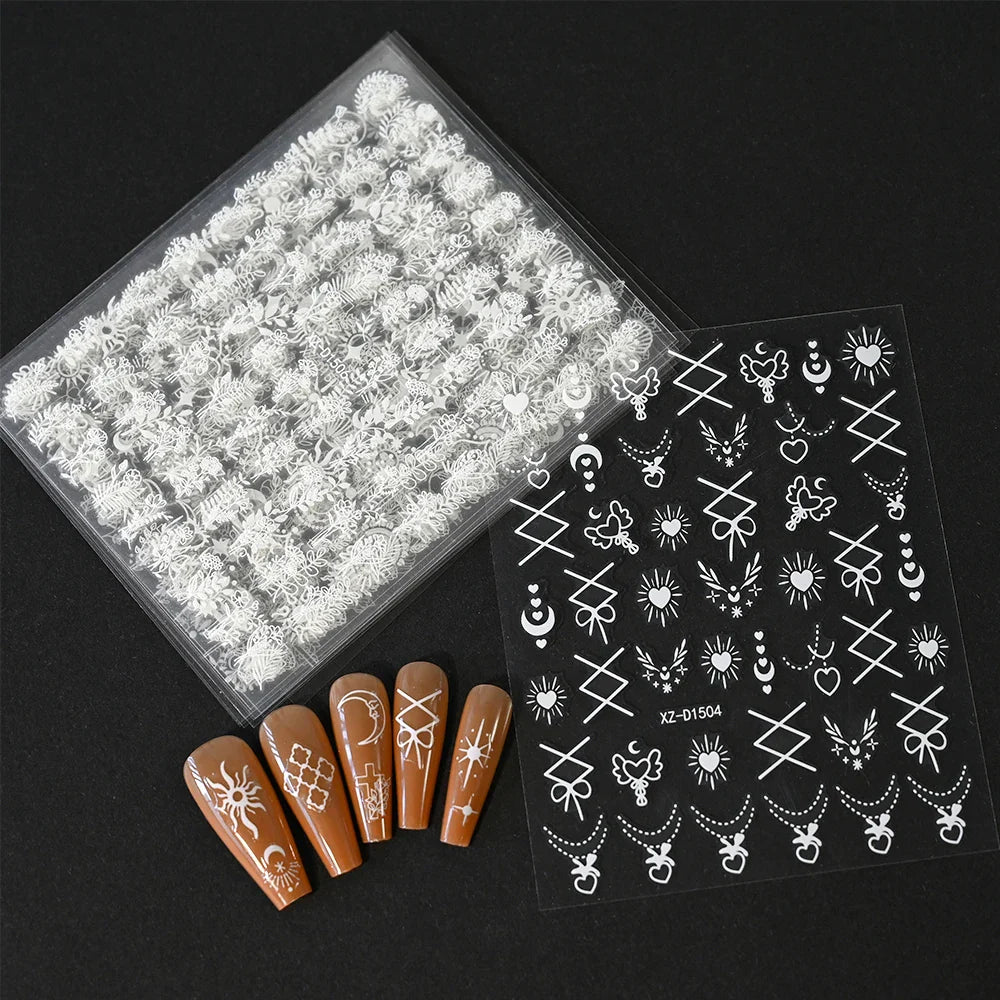 12PCS White Flowers Leaves 3D Nail Stickers Star/Moon/Sun Nail Art Decoration Decals Geometric Flower Stickers Nail Art Supplies (ONLINE ORDER ONLY)