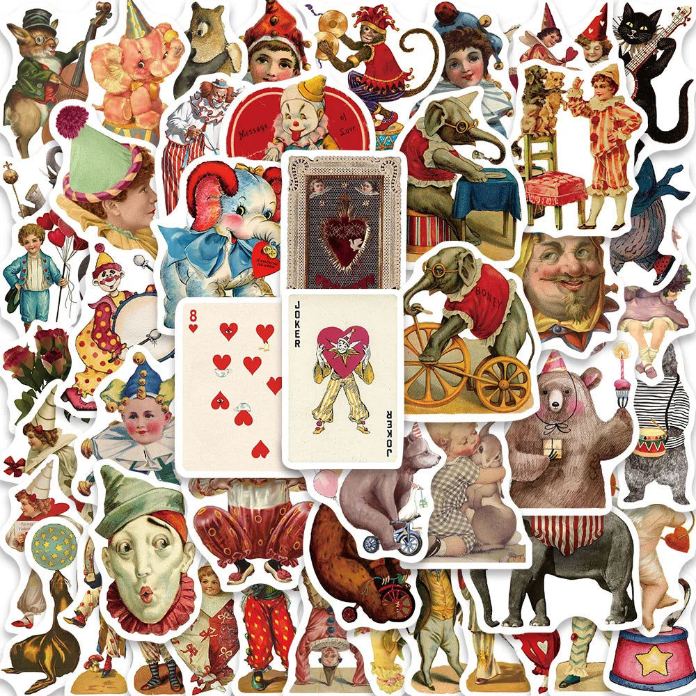 50PCS Vintage Circus Acrobatics Clown Retro Art Funny Stickers Aesthetic Graffiti Decals Scrapbook Laptop Bottle Sticker Gift (Online Order Only)