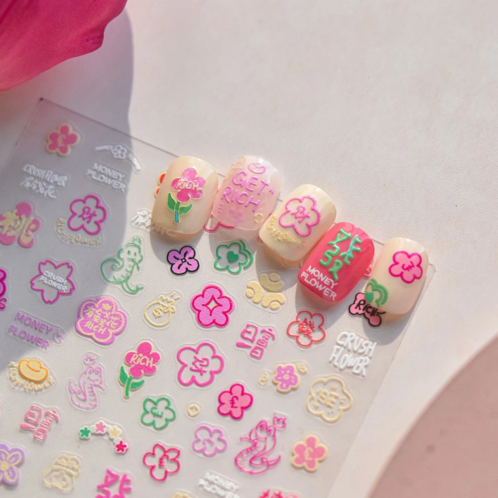Wealthy Rich Snake Flower Coin Yuanbao Good Luck Blessing Fu Character Self Adhesive Nail Art Stickers Rhinestone Manicure Decal (ONLINE ORDER ONLY)