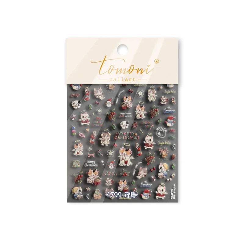 Cat Kitten Star Tree Bell Angel Bowknot Snowman Envelope Pinecone Bone Adhesive Nail Art Stickers Cup Rhinestone Manicure Decals (ONLINE ORDER ONLY)