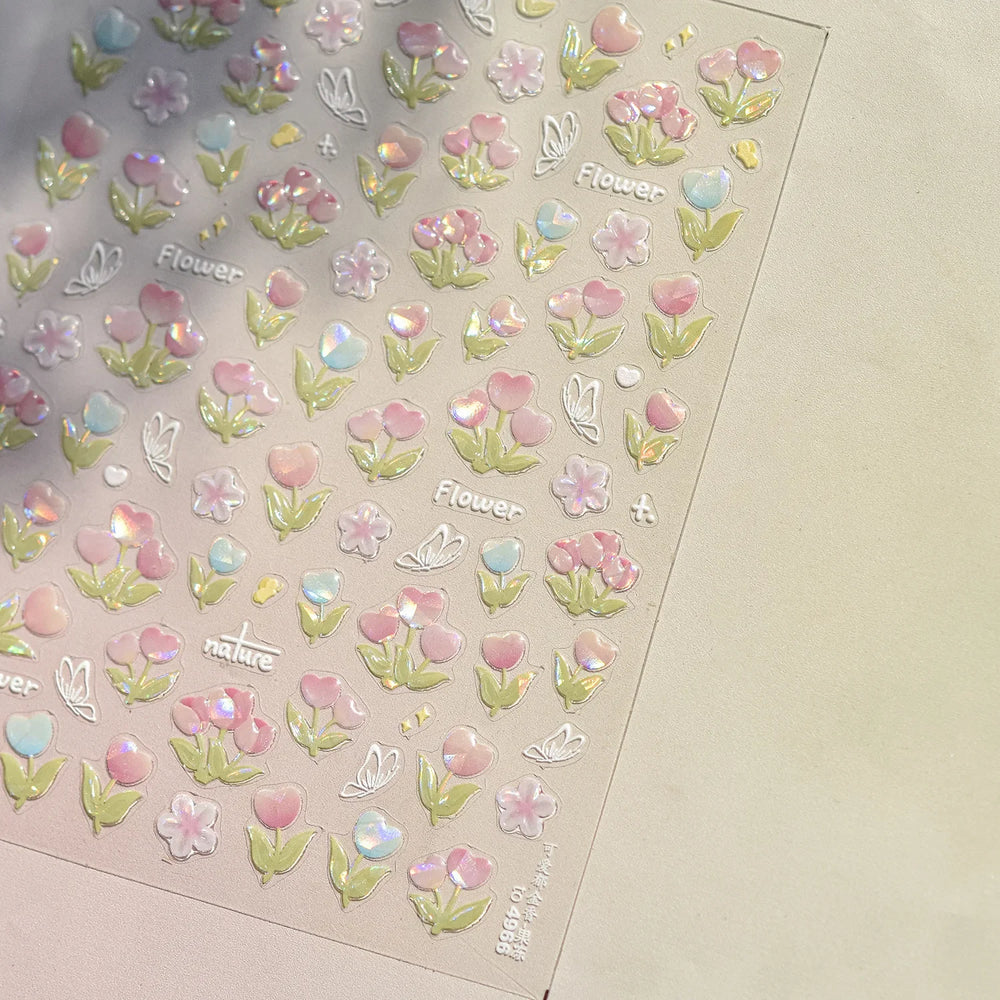 Cute  Pink Blue Nature Tulip Star Heart Butterfly Peach Blossom Jelly Embossed Relief Adhesive Nail Art Stickers Manicure Decals (ONLINE ORDER ONLY)