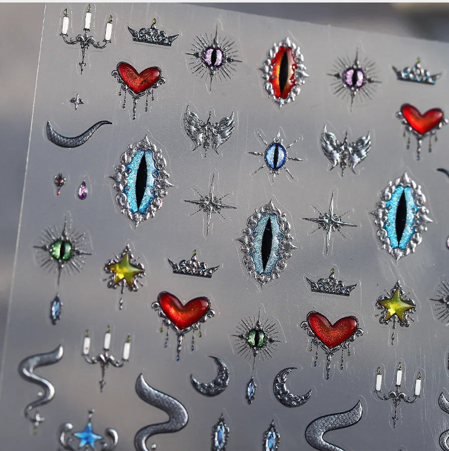Glitter Star Snake Moon Darkness Eye Love Heart Crown Sword Self Adhesive Nail Art Stickers Punk Jelly Angel Wing Manicure Decal (ONLINE ORDER ONLY)