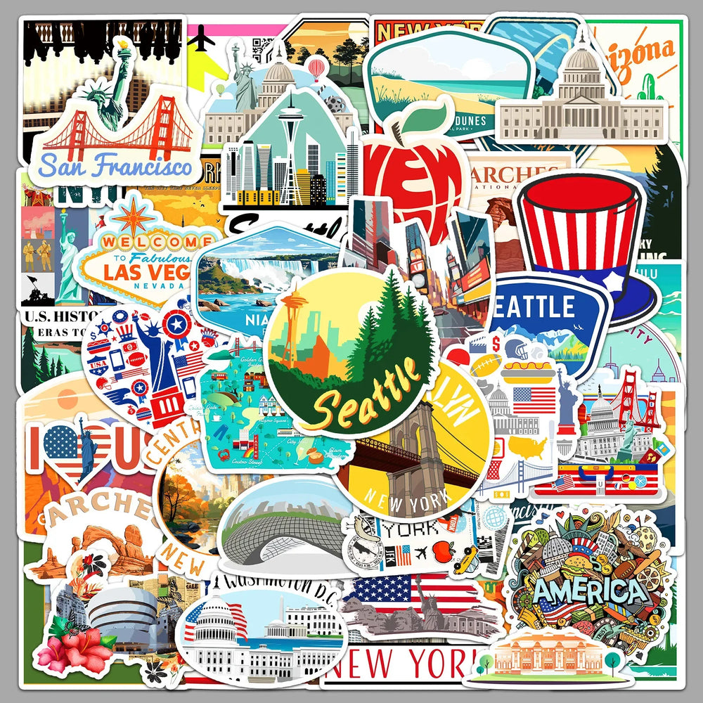 10/50Pcs USA American New York Travel Stickers Aesthetic Decals DIY Luggage Phone Motorcycle Car Bike Laptop Kids Sticker Toy (Online Order Only)
