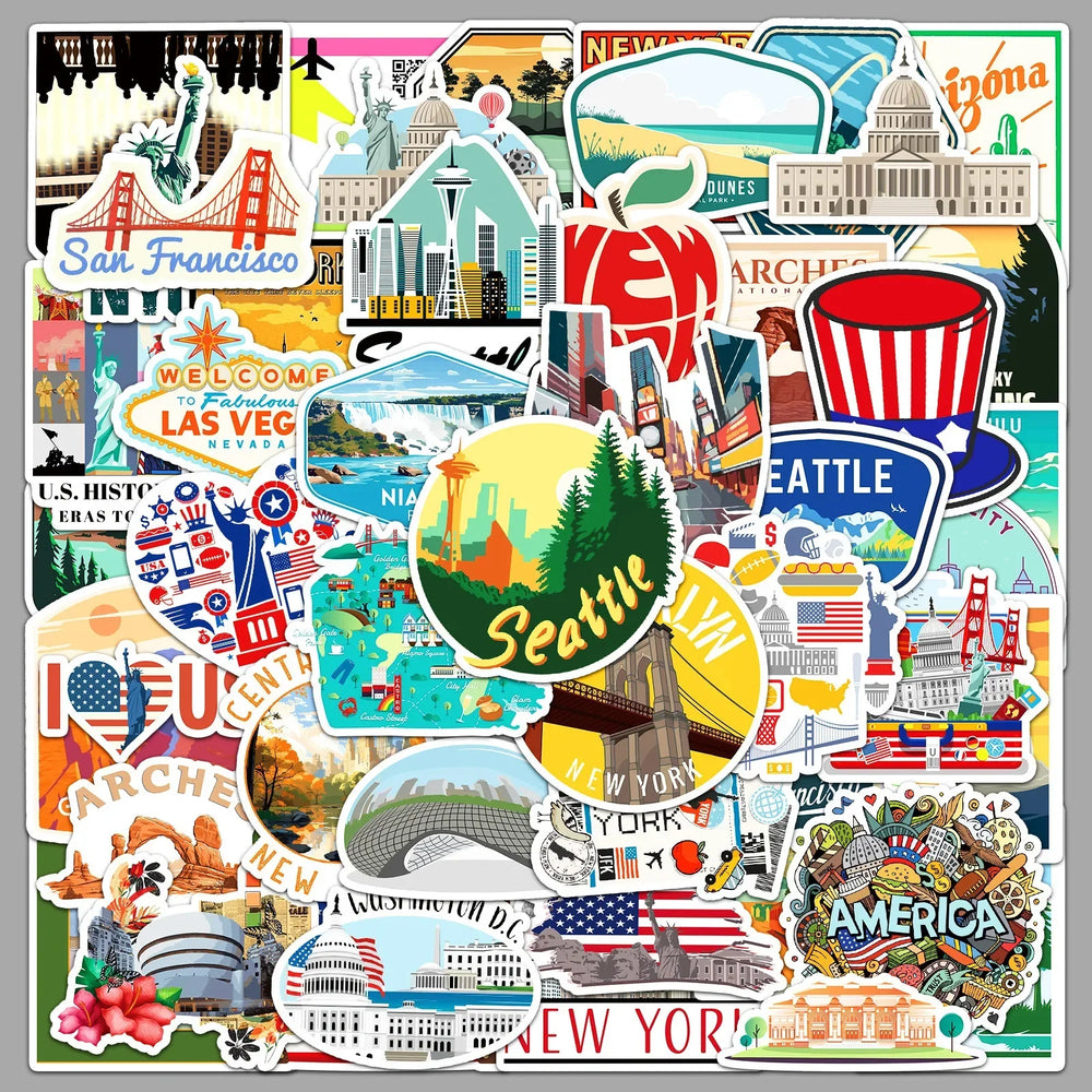 10/50Pcs USA American New York Travel Stickers Aesthetic Decals DIY Luggage Phone Motorcycle Car Bike Laptop Kids Sticker Toy (Online Order Only)