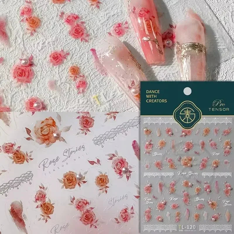 Colorful Embroidery Peony Pearl Full-blown Flower Rhinestone Chinese Luxury Relief Self Adhesive Nail Art Sticker Manicure Decal (Online Order Only)