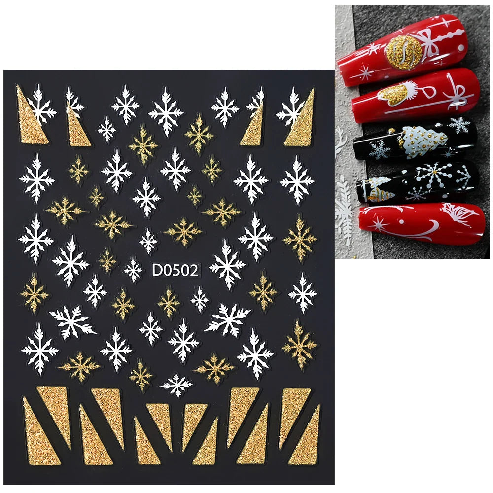 1pc Christmas Nail Sticker 3D Gold Glitter Snowflake Elk Penguin Bells Design Adhesive Nail Slider Decals Winter Manicure Decor* (Online Order Only)