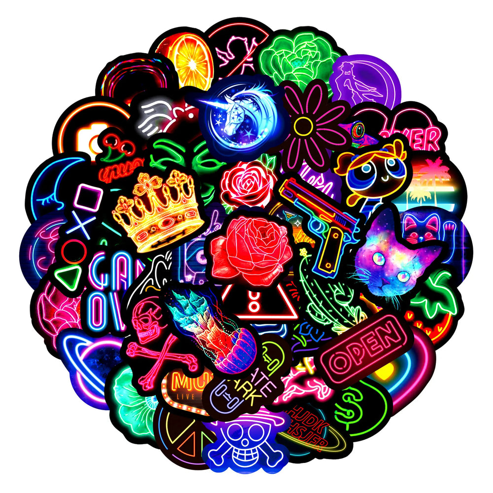 10/30/50PCS New Neon Stickers Cute Cartoon Mobile Phone Guitar Helmet Bottle Car Decal Graffiti Wallpaper Decoration Toy Gift (ONLINE ORDER ONLY)