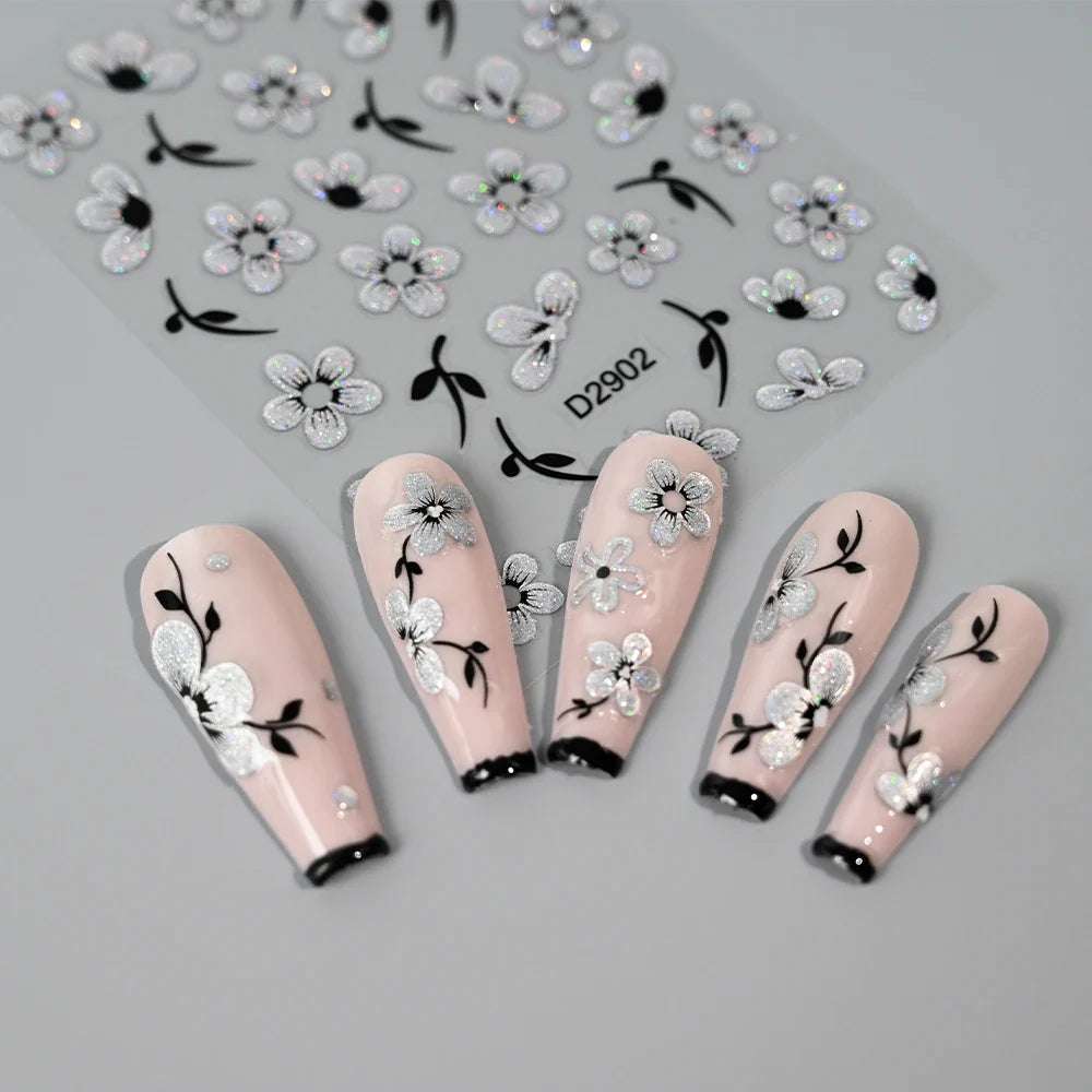 10pcs/Set Sparkling Silvery Floral Nail Art Stickers Self-Adhesive Glittery 5D Hibiscus & Cherry Blossom Decals for Manicure DIY (Online Order Only)