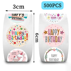 500pcs Round Labels Happy Birthday Sticker Candy Bag Flower Cake Boxes Gift Packaging Wedding Grateful Decorative Seal Stickers (ONLINE ORDER ONLY)