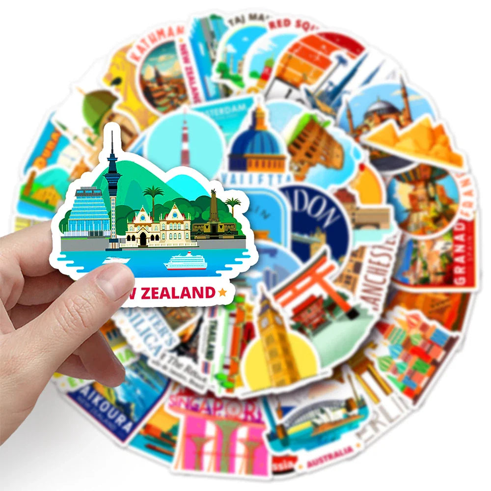 10/30/50pcs Travel City Landmark Building Cartoon Stickers Fridge Laptop Phone Notebook Skateboard Fridge Funny Graffiti Sticker (Online Order Only)