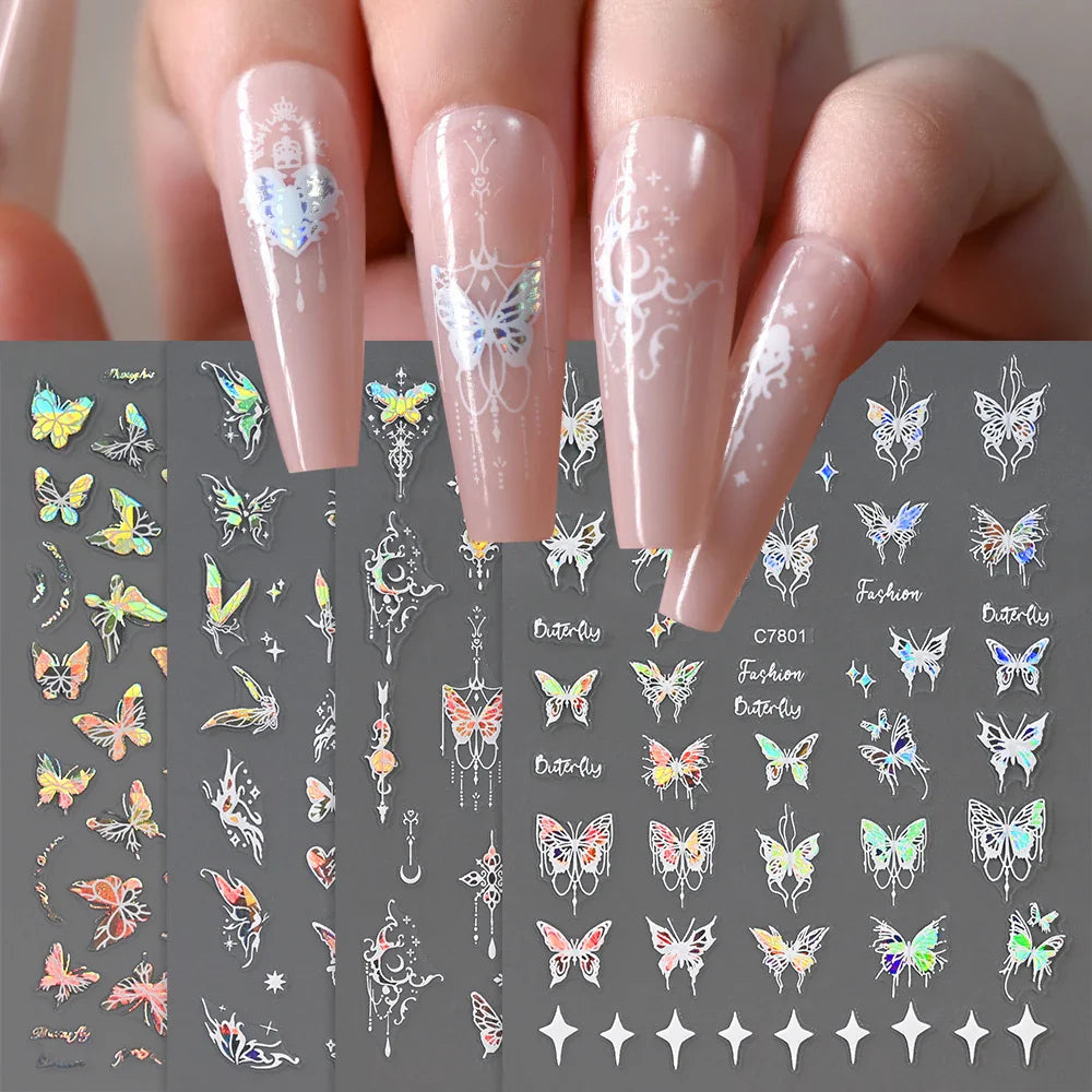 1pcs Butterfly Floral Nail Art Stickers Magic Shell Light Laser Black/White Nail Decoration Butterfly Slider Manicure Ornaments* (Online Order Only)