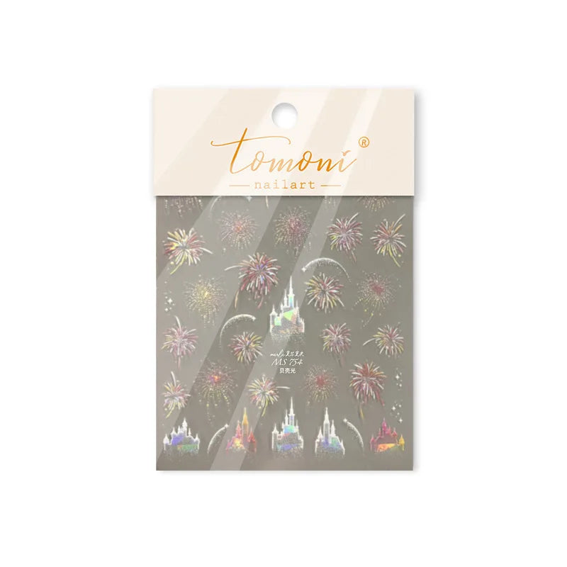 Colorful Fireworks Blooming Castle Romantic Brilliant Sky Self Adhesive Nail Art Stickers Star Shiny Rhinestone Manicure Decals (Online Order Only)