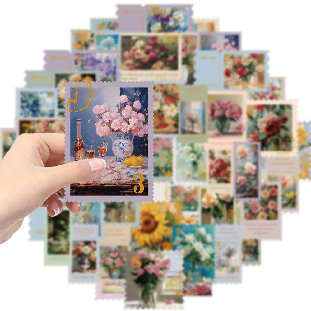 50Pcs Retro Flower Stamps Aesthetic Stickers Graffiti Decals for Scrapbooking Notebook Travel Luggage Bike Phone Sticker﻿ (ONLINE ORDER ONLY)