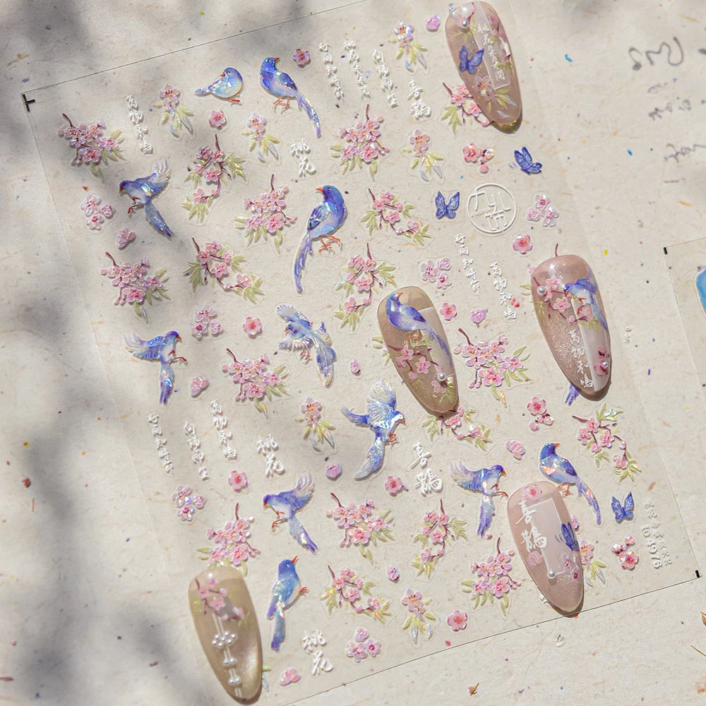 Pink Peach Blossom Blue Magpie Butterfly Bird Wing Tree Branch Animals Plants Shiny 3D Adhesive Nail Art Stickers Manicure Decal (ONLINE ORDER ONLY)