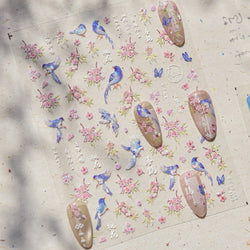 Pink Peach Blossom Blue Magpie Butterfly Bird Wing Tree Branch Animals Plants Shiny 3D Adhesive Nail Art Stickers Manicure Decal (ONLINE ORDER ONLY)