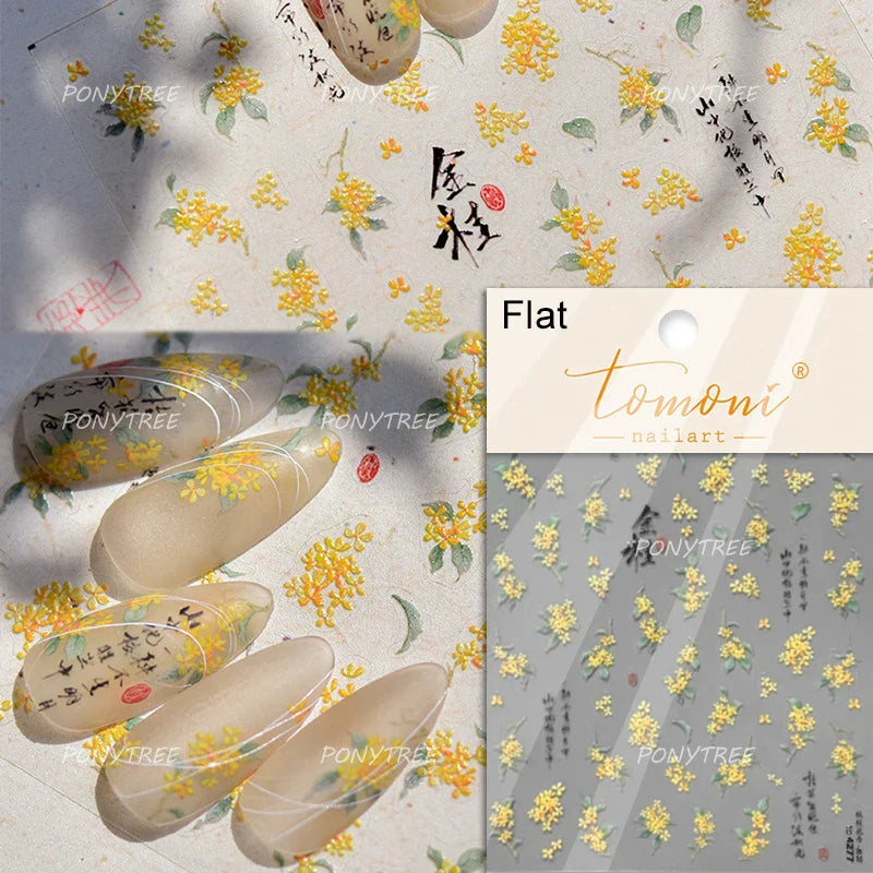 Antique Changle Flower Chrysanthemum Jade Pendant Feathers Green Leaf Adhesive Nail Art Stickers Flat Embossment Manicure Decals (Online Order Only)