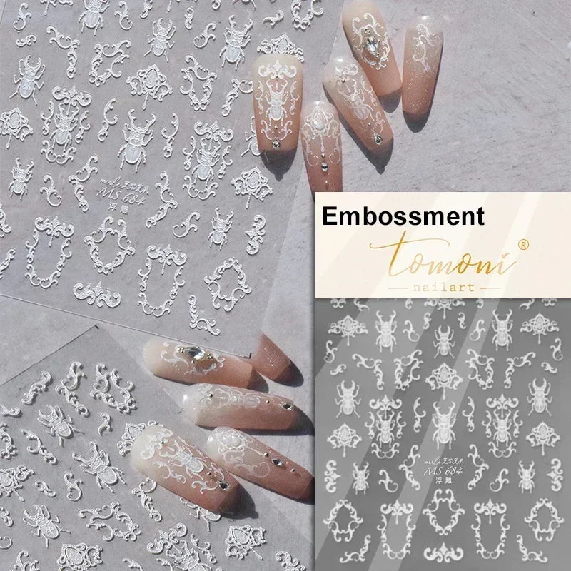 Charming Red Rose Phoenix Flower Wing Leaves Flower Feather Pearl Relief Embossed 5D Adhesive Nail Art Stickers Manicure Decals (ONLINE ORDER ONLY)