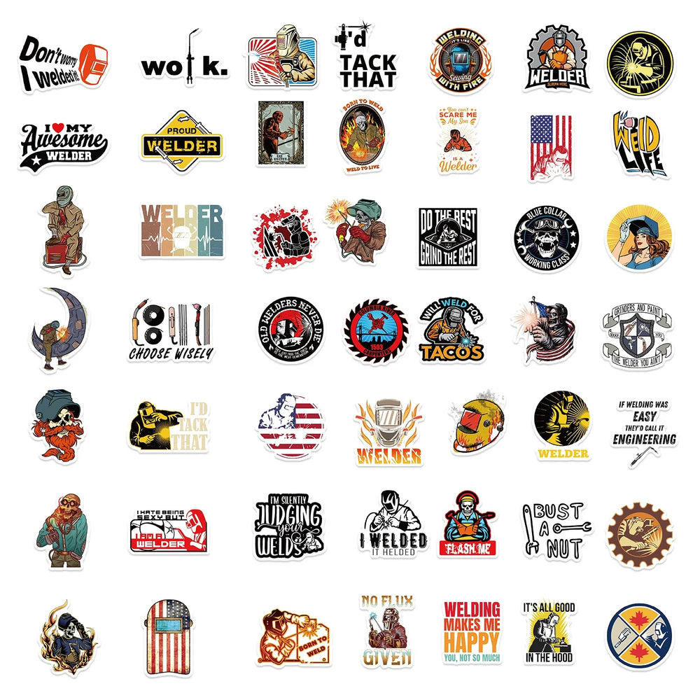 50PCS Mixed Welding Welder Graffiti Stickers For DIY Luggage Skateboard Waterproof DIY Cool Cartoon Decal Sticker Toys Gift (ONLINE ORDER ONLY)