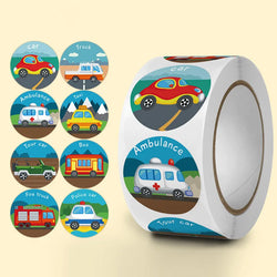 100-500Pcs 1inch Cartoon Car Aircraft Excavator Stickers Children's Toys Reward Learning English Label Stationery Gift Sticker (Online Order Only)